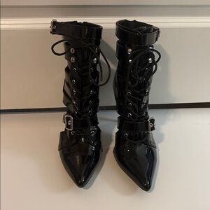 Black Patent Leather Lace-Up Boots with Zipper